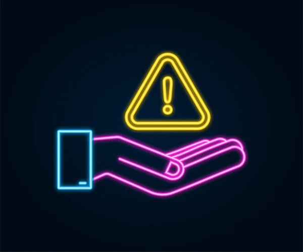 Neon Spandoek Met Gele Zwendel Alert Handen Attentie Teken Cybersecurity — Stockvector