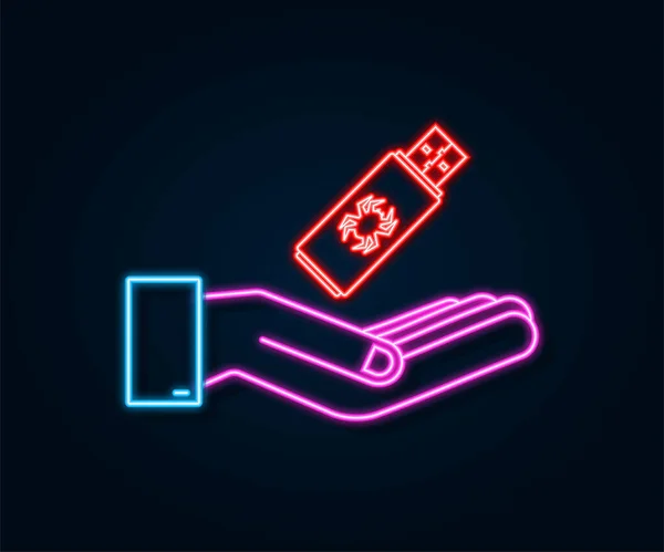 Computervirus Usb Flash Card Handen Neon Icoon Virusbescherming Voorraadillustratie Van — Stockvector