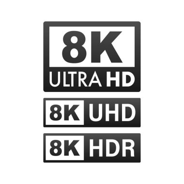 8 k Ultra Hd etiketi. Yüksek teknoloji. Led televizyon göstermek. Vektör çizim.