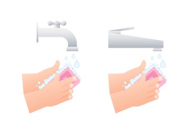 Ellerimi sabunla yıkıyorum. Sağlık hizmetleri. Coronavirus önleme. Kişisel hijyen. Vektör stok illüstrasyonu.