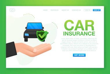 Araba sigortası sözleşmesi belgesi ellerinde. Kalkan simgesi. Korunma. Vektör stok illüstrasyonu.