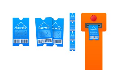 Kayak kartı. Kayak biletleri. Dağ arka planı vektörü. İzole edilmiş düz vektör çizimi.