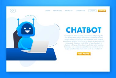 Vektör düz modern çizgi film karakteri çizim simgesi tasarımı. Dizüstü bilgisayarda sohbet robotu konsepti. Vektör illüstrasyonu.