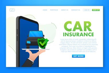 Araba sigortası sözleşmesi belgesi ellerinde. Kalkan simgesi. Korunma. Vektör stok illüstrasyonu.