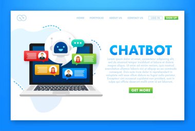 Vektör düz modern çizgi film karakteri çizim simgesi tasarımı. Dizüstü bilgisayarda sohbet robotu konsepti. Vektör illüstrasyonu.