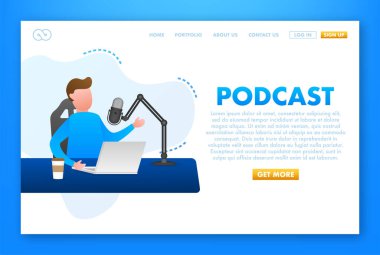 Podcast. Konuşma balonu ikonlu mikrofon. Vektör illüstrasyonu.