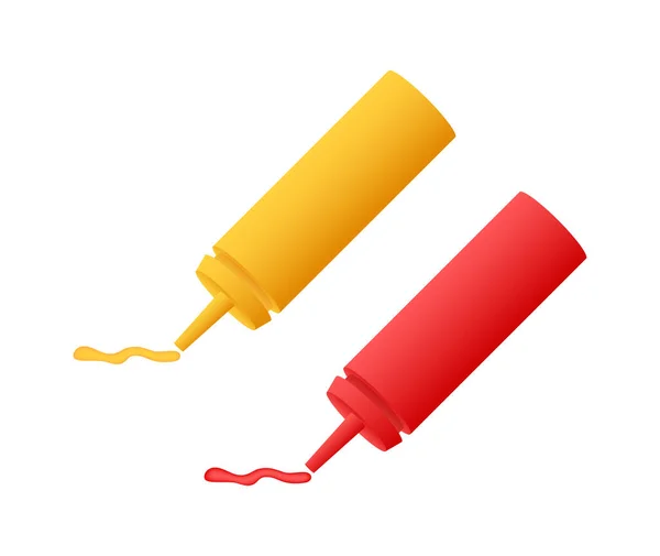 Botella Ketchup Rojo Mostaza Amarilla Sobre Fondo Blanco Diseño Ilustración — Vector de stock