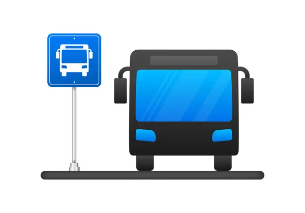 Bandiera Blu Con Stazione Degli Autobus Illustrazione Della Linea Vettoriale — Vettoriale Stock