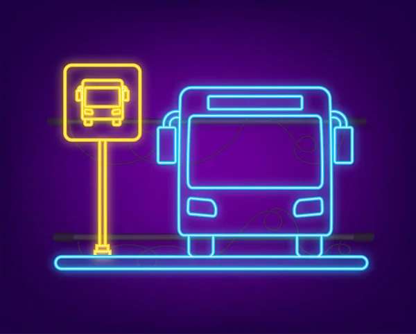 Blue Banner Bus Station Neon Icon Vector Line Illustration Vector — Stock Vector