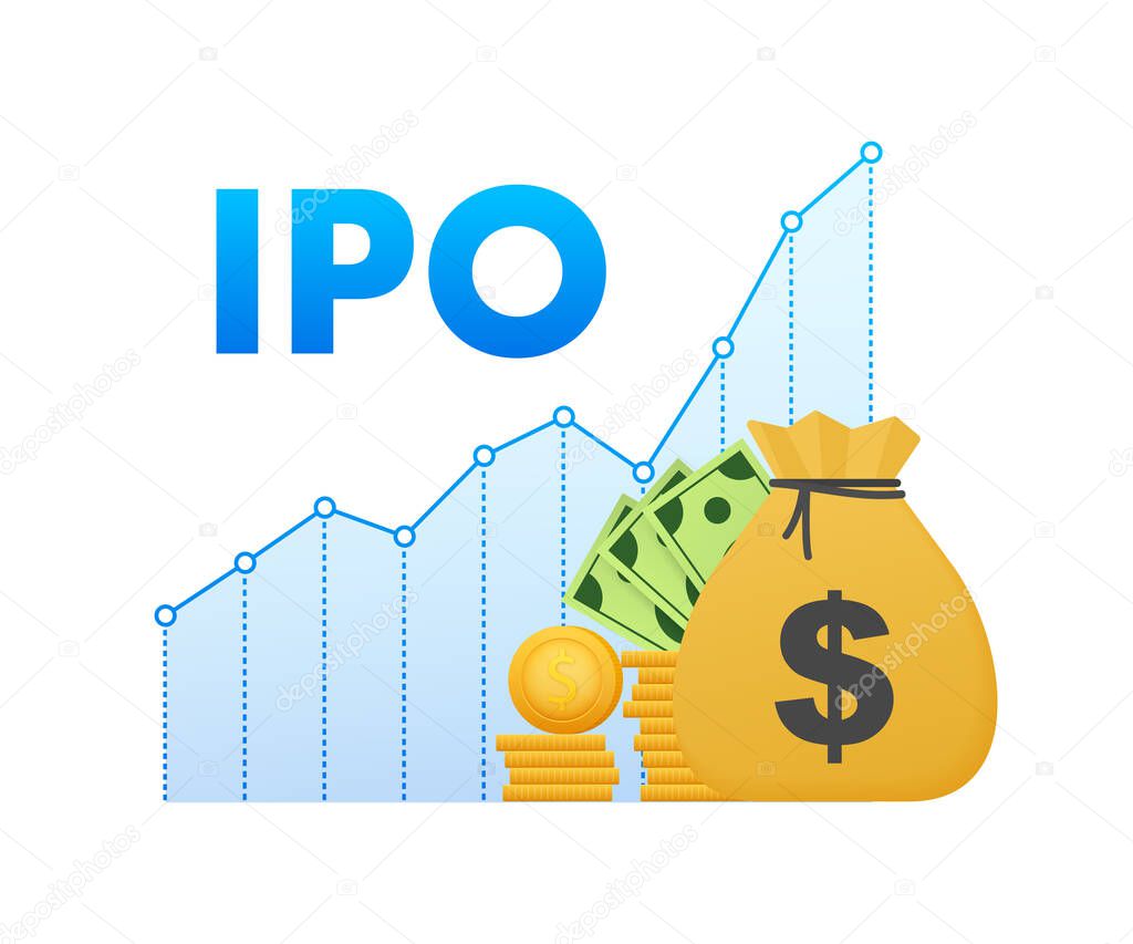 Vector IPO initial public offering concept in flat style - investment and strategy icons. Vector illustration.