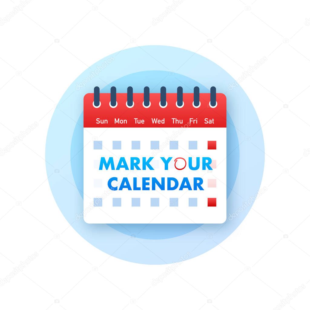 Mark your calendar for landing page design. Calendar reminder. Check mark icon.