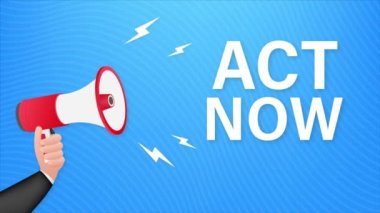 Şimdi konuşma baloncuklu megafon pankartı. İş için afiş. Hareket grafikleri .