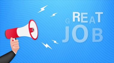 Harika bir işi olan el ele tutuşan megafon. Megafon bayrağı. Web tasarımı