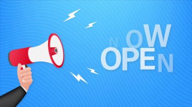 Megafon şimdi açık. Megafon bayrağı. Web tasarımı. Hareket grafikleri .