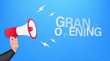 Büyük açılışı olan megafon etiketi. Megafon bayrağı. Web tasarımı. Hareket grafikleri .