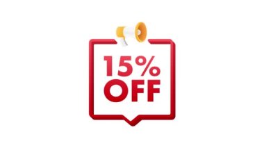 Yüzde 15 indirimli indirimli, megafonlu bayrak. İndirimli fiyat etiketi. Yüzde 15 indirimli promosyon ikonu. Hareket grafikleri