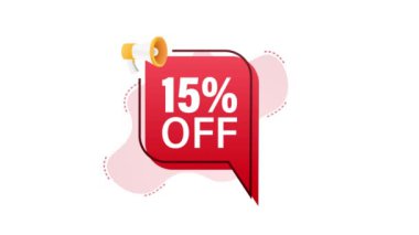 Yüzde 15 indirimli indirimli, megafonlu bayrak. İndirimli fiyat etiketi. Yüzde 15 indirimli promosyon ikonu. Hareket grafikleri