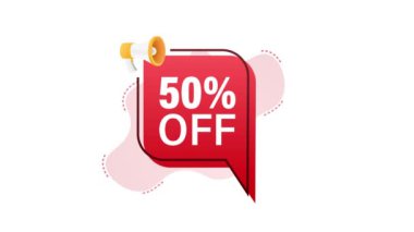 % 50 indirimli indirimli, megafonlu bayrak. İndirimli fiyat etiketi. Yüzde 50 indirimli promosyon ikonu. Hareket grafikleri