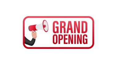 Büyük açılışı olan megafon etiketi. Megafon bayrağı. Web tasarımı. Hareket grafikleri .