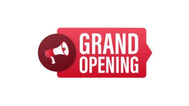 Büyük açılışı olan megafon etiketi. Megafon bayrağı. Web tasarımı. Hareket grafikleri .