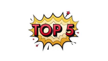 Metin Top 5 ile komik konuşma baloncukları. Neon kaşıntı ikonu. Sembol, etiket, özel teklif etiketi, reklam rozeti. Hareket grafikleri .