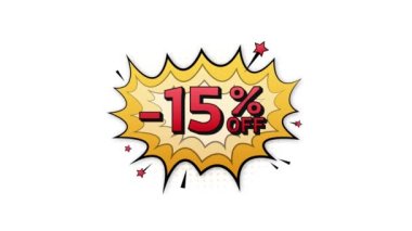 Komik konuşma baloncukları% 15 indirimli. Neon kaşıntı ikonu. Sembol, etiket, özel teklif etiketi, reklam rozeti. Hareket grafikleri .