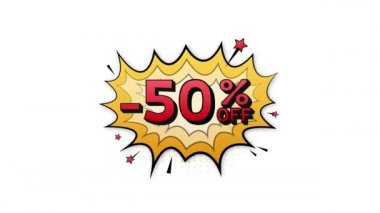 % 50 indirimli komik konuşma baloncukları. Neon kaşıntı ikonu. Sembol, etiket, özel teklif etiketi, reklam rozeti. Hareket grafikleri .