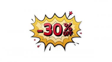 Yüzde 30 indirimli komik konuşma baloncukları. Neon kaşıntı ikonu. Sembol, etiket, özel teklif etiketi, reklam rozeti. Hareket grafikleri .