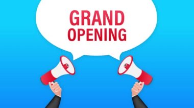 Büyük açılışı olan megafon etiketi. Megafon bayrağı. Web tasarımı. Hareket grafikleri .