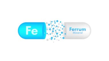 Mineral Fe Ferum mavi parlayan hap kapsülü ikonu. Hareket grafikleri .