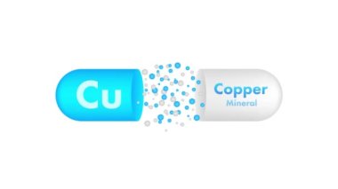 Mineral Cu Copper mavi parlayan hap kapsülü ikonu. Güzellik için Madde. Bakır Mineral Kompleksi