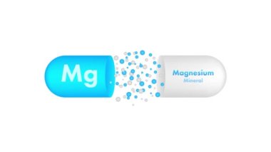 Beyaz arka planda mavi magnezyum. Magnezyum minerali. MG hap kapsülü. Hareket grafikleri .