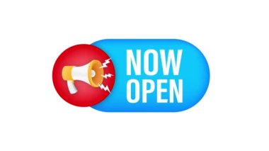 Megafon şimdi açık. Megafon bayrağı. Web tasarımı. Hareket grafikleri .