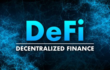 DeFi - Yerel Finans. Finansal teknoloji, engelleme zinciri. Dijital cüzdan. Vektör stok illüstrasyonu