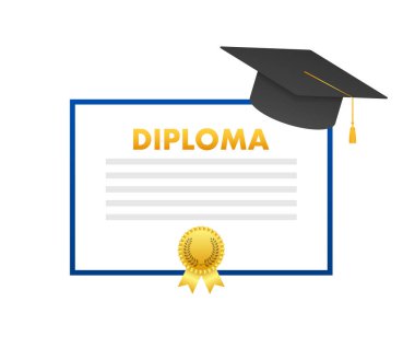 Mezuniyet şapkası ve diploması. Mezuniyet günü kutlaması. Vektör stok illüstrasyonu