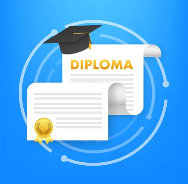 Mezuniyet şapkası ve diploması. Mezuniyet günü kutlaması. Vektör stok illüstrasyonu