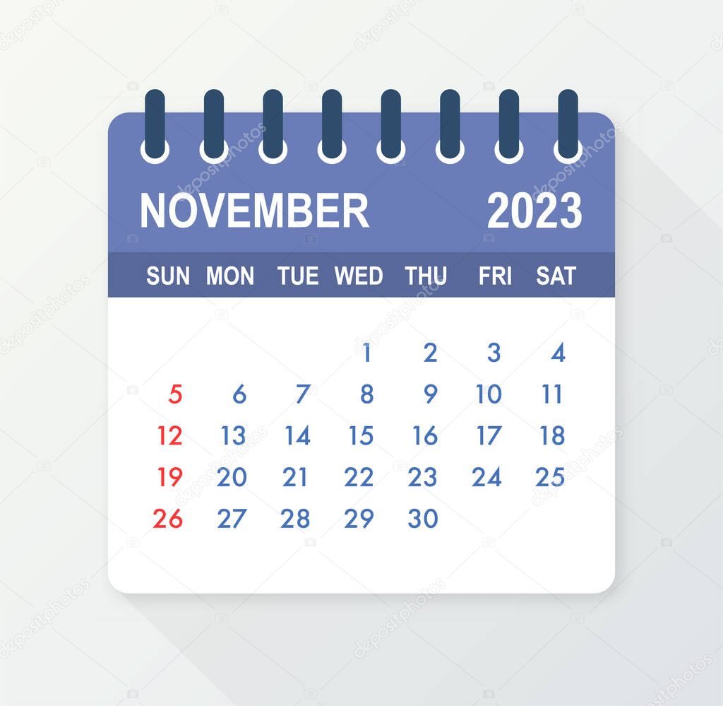 November 2023 Calendar Leaf. Calendar 2023 in flat style. Vector illustration