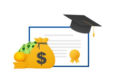 Eğitime yatırım. Burs. Kitaplar. Mezun olduktan sonra altın madeni para yığını. Vektör illüstrasyonu