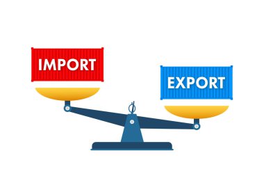 Limandaki vinç ithalat ve ihracat kelimeleriyle iki kırmızı kargo konteynırını kaldırdı. Vektör stok illüstrasyonu