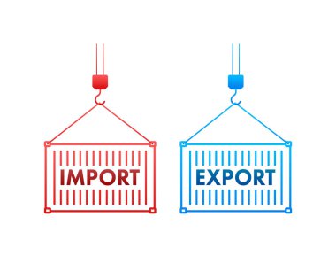 Limandaki vinç ithalat ve ihracat kelimeleriyle iki kırmızı kargo konteynırını kaldırdı. Vektör stok illüstrasyonu