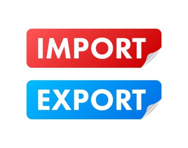 Limandaki vinç ithalat ve ihracat kelimeleriyle iki kırmızı kargo konteynırını kaldırdı. Vektör stok illüstrasyonu