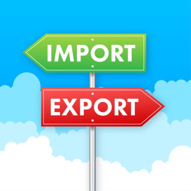 Limandaki vinç ithalat ve ihracat kelimeleriyle iki kırmızı kargo konteynırını kaldırdı. Vektör stok illüstrasyonu