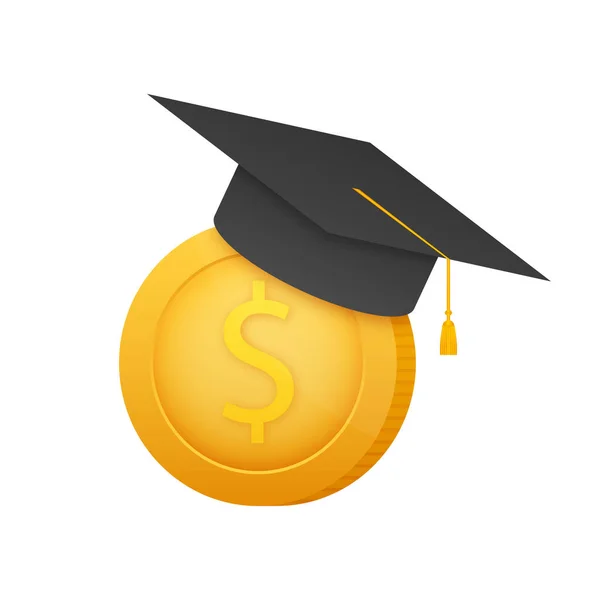 投资于教育 奖学金 毕业时的帽子在金币堆上 矢量说明 — 图库矢量图片