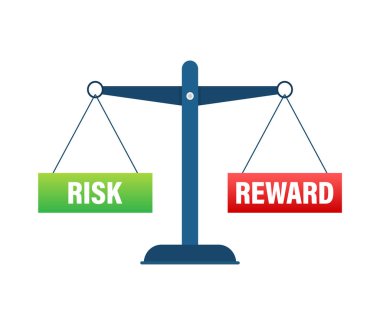 Risk, ödül dengesine karşı. Ölçekte denge. İş kavramı. Vektör stok illüstrasyonu.