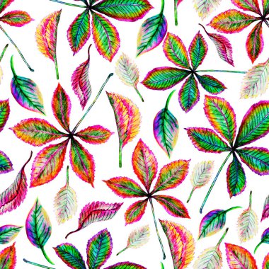 El yapımı suluboya. Beyaz arka planda farklı sonbahar yaprakları. Kusursuz desen.