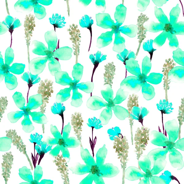 Kék Akvarell Virágok Fehér Háttérrel Zökkenőmentes Virágminta — Stock Fotó