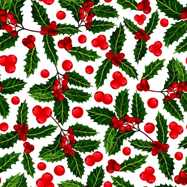 Suluboya Noel deseni, kırmızı böğürtlen, beyaz arka plan. Kusursuz desen.