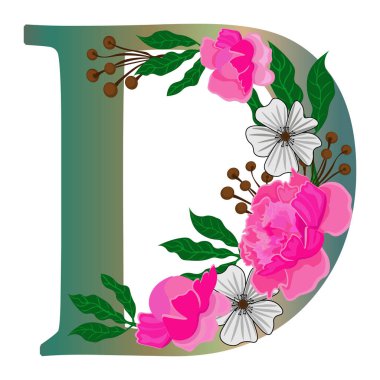 Çiçekli D harfi, beyaz arka planda izole edilmiş. Ayrı nesne, vektör.