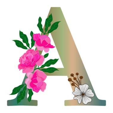 Çiçekli A harfi, beyaz arka planda izole edilmiş. Ayrı nesne, vektör.