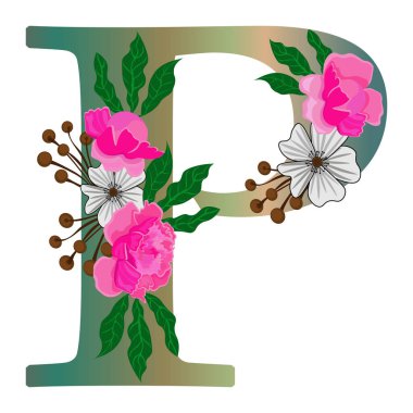 Çiçekli P harfi, beyaz arka planda izole edilmiş. Ayrı nesne, vektör.